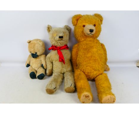 Teddy Bears - 3 x large unbranded vintage straw filled teddy bears, the yellow one is approximately 32" tall, the two larger 