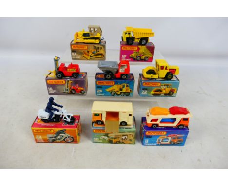 Matchbox - Superfast - 8 x boxed models, Bedford Car Transporter # 11, Fork Lift # 15, Site Dumper # 26, Police Motor Cycle #