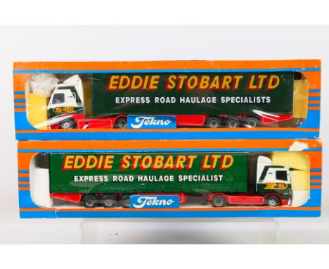 Tekno - 2 x boxed trucks in 1:50 scale in Eddie Stobart livery, a Scania and a Volvo. Both appear Mint in Fair boxes with som