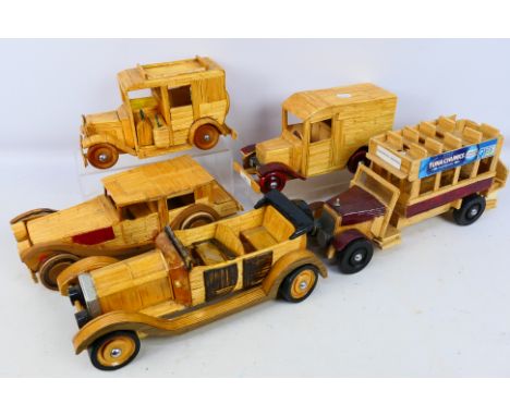 Matchstick - A group vintage vehicles made from match sticks, the bus measures 37 cm in length. They appear in Fair condition