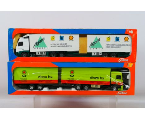 Tekno - 2 x boxed trucks with trailers in 1:50 scale, a DAF 95 in Disco Transport livery and a Volvo in Agora Groupe livery. 