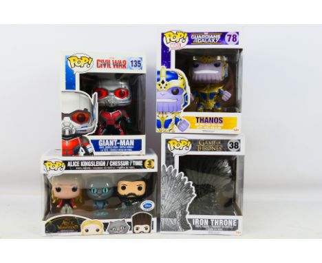 Funko Pop vinyl Bobble-Head - a group of four larger boxes comprising  Alice in Wonderland, Alice Kingsleigh, Chessur and Tim