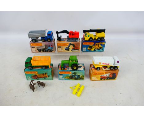 Matchbox - Superfast - 6 x boxed models, Leyland Truck # 30, Excavator # 32, Ford Tractor # 46, Crane Truck # 49, Freeway Tan