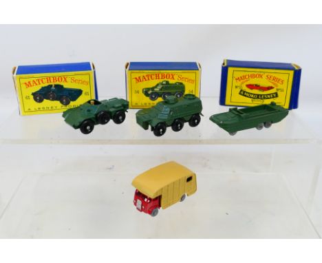 Matchbox by Lesney - four diecast models comprising three Boxed military models, Saracen Carrier # 54, Army Scout Car # 61 an