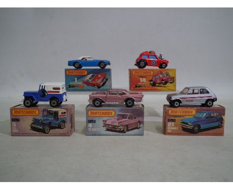 Matchbox - Superfast 5 x boxed cars, Dodge Challenger # 1, 57 Chevy # 4, U.S. Mail Jeep # 5, Mini Ha-Ha # 14 and Renault 5 # 