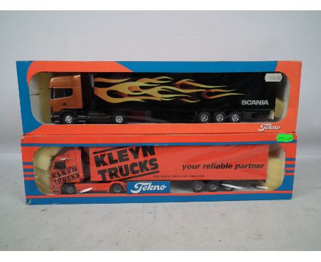 Tekno - 2 x boxed trucks in 1:50 scale, a Scania Topline with flame livery and a Scania 113M in Kleyn Tucks livery. Both appe