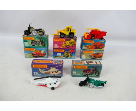 Matchbox - Superfast - A group of boxed models including Hondorora # 18, Tractor Shovel # 29, Harley Davidson # 50, Ford A Se