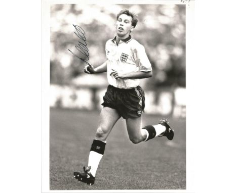 Football David Platt 10x8 signed b/w photo pictured playing for England. Good Condition. All signed pieces come with a Certif