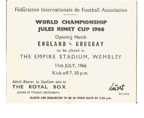 1966 World Cup Royal Box match ticket for the opening match England v Uruguay 11th July 1966. Good Condition. All signed piec