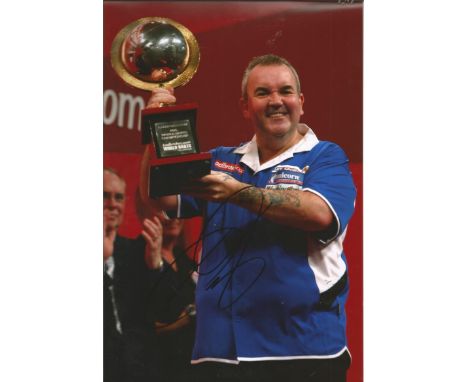 Darts Phil The Power Taylor 12x8 signed colour photo pictured holding the World Championship Trophy. Good Condition. All sign