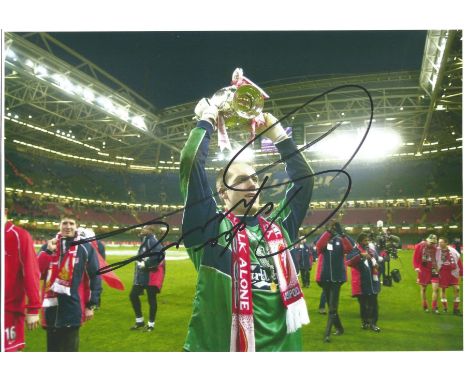 Football Sander Westervelt 8x12 signed colour photo pictured holding the League Cup trophy while playing for Liverpool. Good 