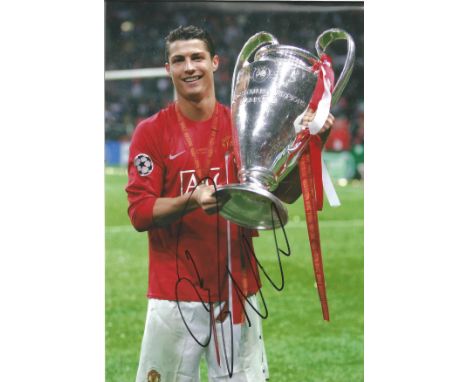 Football Cristiano Ronaldo 12x8 signed colour photo picture with the Champions League Trophy while playing for Manchester Uni