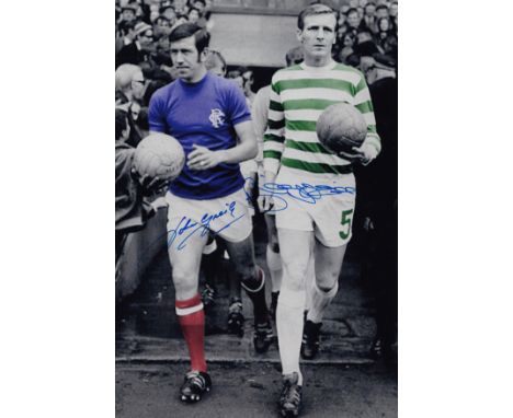 Football Autographed BILLY McNEILL / JOHN GREIG photo, a superb image depicting Celtic captain BILLY McNEILL and his Rangers 