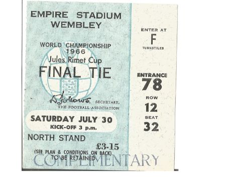 1966 World Cup rare complimentary match ticket for the Final England v Germany Empire Stadium Wembley 30th July 1966. Good Co