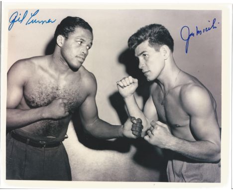 Boxing Jo Miceli and Gil Turner signed 8x10 rare b/w photo pictured before their fight in 1952. Good Condition. All signed pi