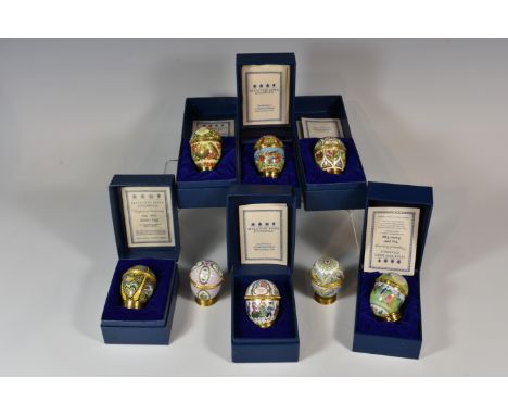 A collection of eight Halcyon Days enamel Easter Eggs six boxed (1989, 1992, 1993, 1995, 1996 and 1997) and two unboxed (1991