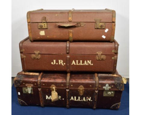 A vintage steamer trunk wood bound, 30in. (91.4cm.) long, together with two similar smaller versions. (3)