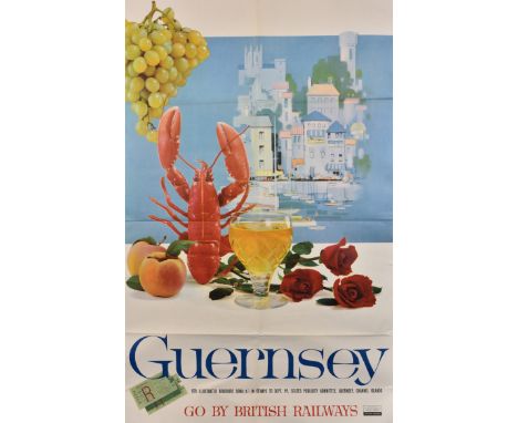 A rare original vintage British Railways award winning 'GUERNSEY' advertising posterby Laurence Fish, c.1960, the poster won 