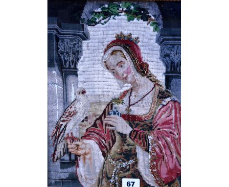 A woolwork tapestry of an Elizabethan lady with hawk the tapestry with fine detail and beaded decoration, gilt framed, 13 x 1
