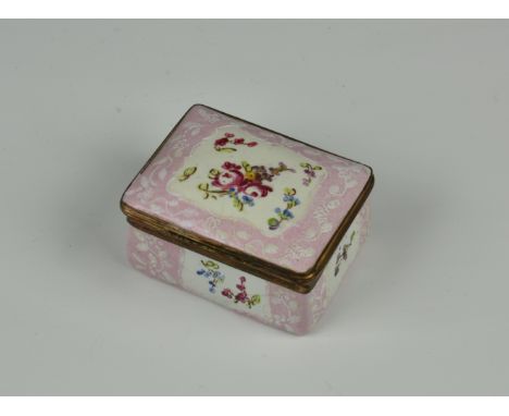 An early 19th century enamel trinket box probably Continental, rectangular with slightly domed cover with gilt metal mount, d