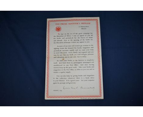 An original 1944 'The Prime Minister's Message' (Winston Churchill) poster the speech within a red shaped rectangular outline