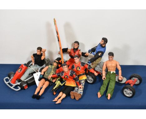 A collection of seven Hasbro 1993 Action Man figures together with a Go-cart and windsurf board (9) 
