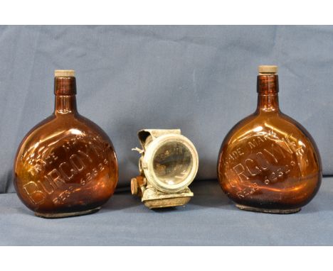 Joseph Lucas Ltd 'Birmingham' Silver King bicycle lamp together with two vintage Empire bottles with Guernsey stoppers. (3) 