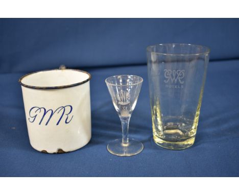 Railwayana - GWR Great Western Railway glassescomprising of sherry glass, glass tumbler and enamel mug, the sherry glass mark