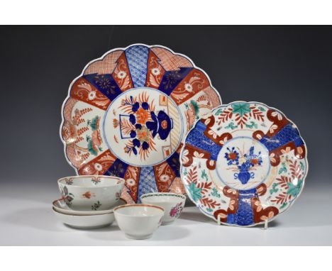 Two Japanese Imari plates, one a/f, plus Chinese export teabowls and saucers (7) 
