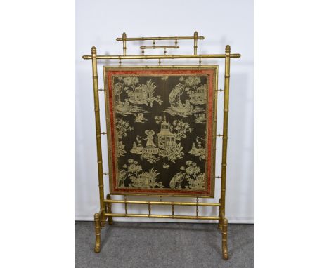  A large 19th century giltwood simulated bamboo firescreen in the George III manner  with gold pleated silk to back and padde