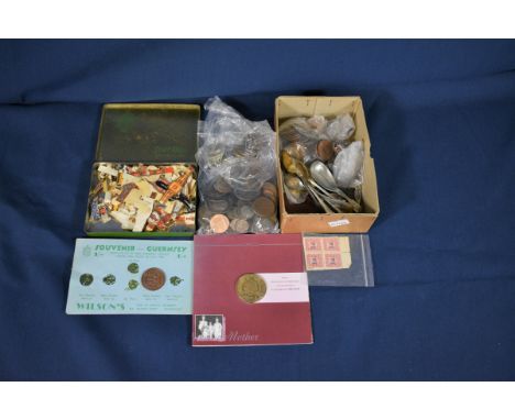 A collection of vintage coins together with States of Guernsey Sales Tax 1d stamps; plated cutlery; cigar labels, etc. 