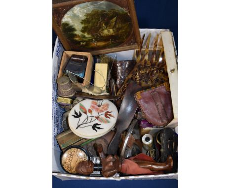 A rummage box of antique and vintage collectables comprising of a pietra dura plaque depicting a floral spray (one petal fill