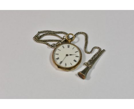 A 14ct gold open faced key wound pocket watch gilt lever movement, white enamel Roman dial, floral and foliate chased case, 3