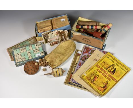 Two vintage games, wooden skittles and bingo, together with a wooden spinning top, four children's books from the 1800's and 
