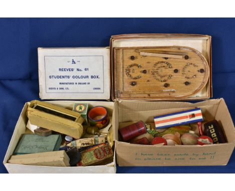 A rummage box of antique/vintage toys etc comprising of various tins; Victory canary songster whistle; Reeve's No. 61 student