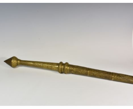 A 19th century Burmese sword Dha with 30in. (77.5cm.) slightly curved pointed blade with silver inlaid full length panels on 