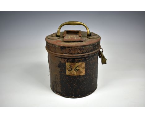 Railwayana - Railway pay cheque token / tally tin the cylindrical hinged and lockable tin with brass handle and sliding slot 