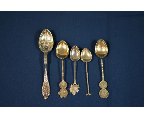 Four Chinese silver spoons together with sterling silver Birth Record spoon, the bowl with clock face, terminal with stork an
