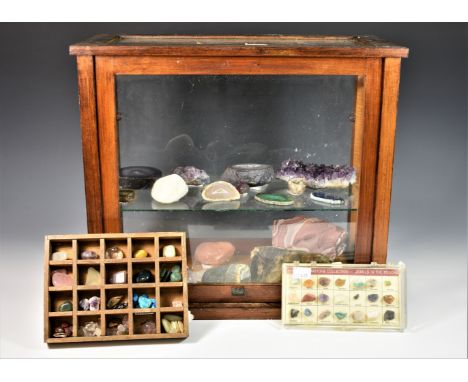 A selection of rock, crystal and gemstone specimens, some in a vintage wooden display case (qty)