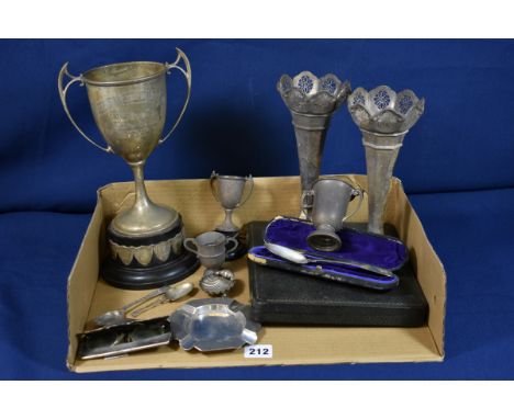 A collection of antique/vintage silver collectables comprising of spectacle case; ashtray; vases; cased teaspoon; cased grape
