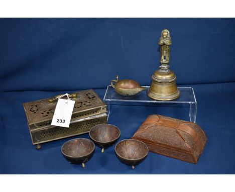 A small group of antique / vintage Indian collectables comprising of a hand carved rectangular domed topped box, decorated wi