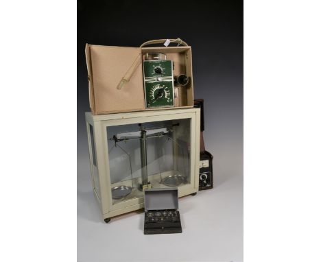 A set of vintage cased Gallenkamp laboratory scales with weights, together with cased soil meter &amp; other. (3) 