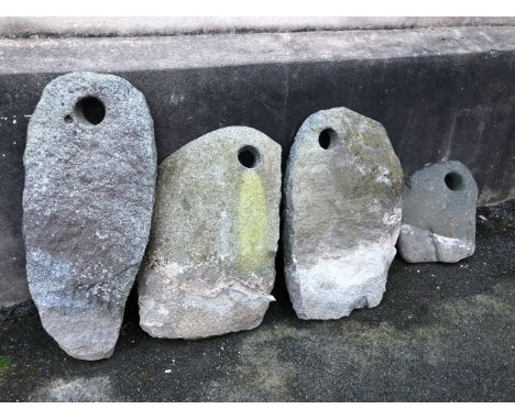 Four Guernsey grey granite field gate posts/pillars each with drilled out circular hole to top for pole. the largest 45½in. 1