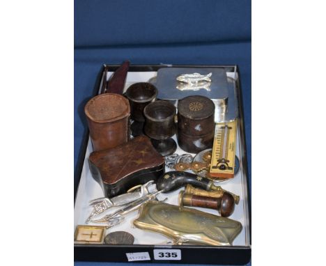 A rummage tray of antique and vintage collectables comprising of base metal coin purse; miniature bible; wax sealstamps; mirr