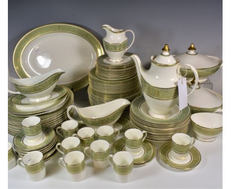 An extensive bone china Royal Doulton English Renaissance H4972 pattern dinner service with green and gilt decoration, to inc