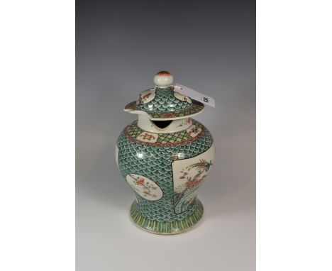 A 19th century Chinese famille verte porcelain vase and cover of baluster form with tapered upstanding neck, the domed cover 