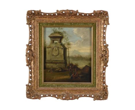 ITALIAN SCHOOL (18TH CENTURY)THREE FIGURES RESTING BESIDE A MONUMENT WITH A PANORAMIC LANDSCAPE BEYOND Oil on copper 20.5 x 1