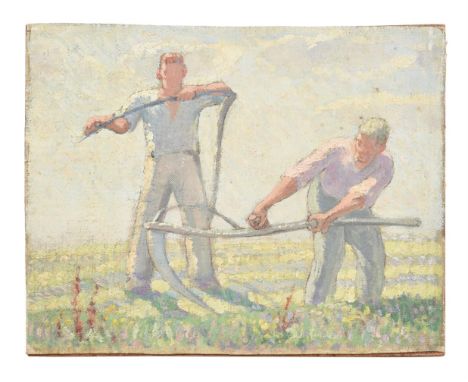 λ HAROLD DEARDEN (BRITISH 1888-1962)STUDY OF TWO MEN SCYTHINGOil on canvas laid on board, unframed21.5 x 26.3cm (8¼ x 10¼ in.