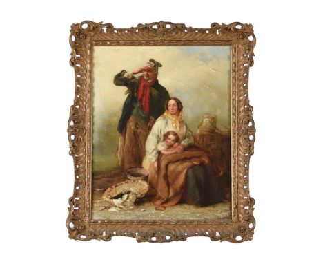 HENRY PERLEE PARKER (BRITISH 1795-1873)FAMILY OF FISHERFOLK, LOOKING OUT TO SEA Oil on canvas Signed and dated 1855 to wooden