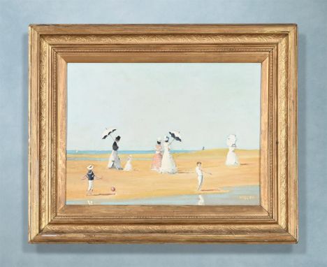 λ JACK HOGGAN (B. 1951) (JACK VETTRIANO)BEACH SCENE, LADIES WITH PARASOLS AND CHILDREN PLAYING ON THE BEACHOil on canvas-boar